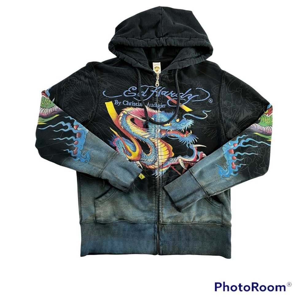 Vintage Don Ed Hardy Designs by Christian Audigier Zip Hoodie Dragon Snake Small